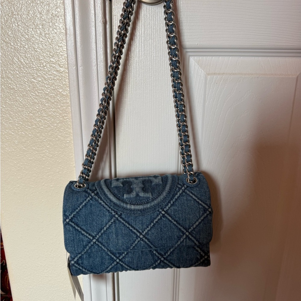 Tory Burch Blue Denim Shoulder Bag with Chain Strap